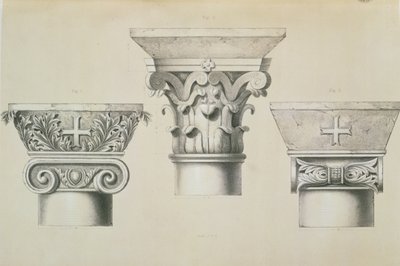 Capitelli bizantini dalle colonne della navata della chiesa di San Demetrio a Salonicco, pub. da Day und Son da Charles Felix Marie Texier